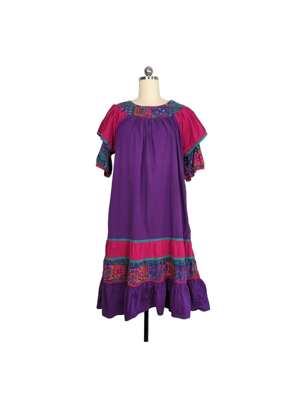 Tiered Midi Dress OS Purple Tropical Hawaii Vintage Ruffle Mumu Sleeve Pink